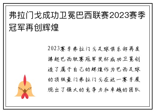弗拉门戈成功卫冕巴西联赛2023赛季冠军再创辉煌