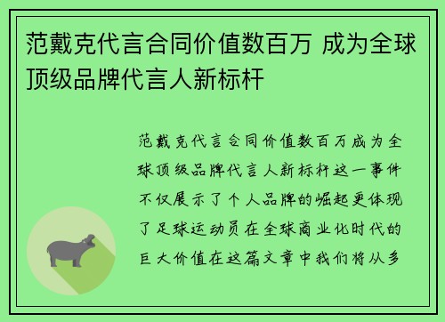 范戴克代言合同价值数百万 成为全球顶级品牌代言人新标杆 范戴克代言合同价值数百万 成为全球顶级品牌代言人新标杆