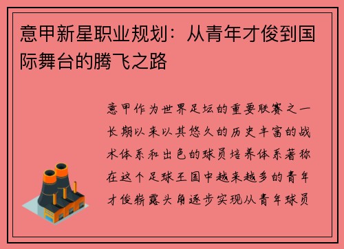 意甲新星职业规划：从青年才俊到国际舞台的腾飞之路